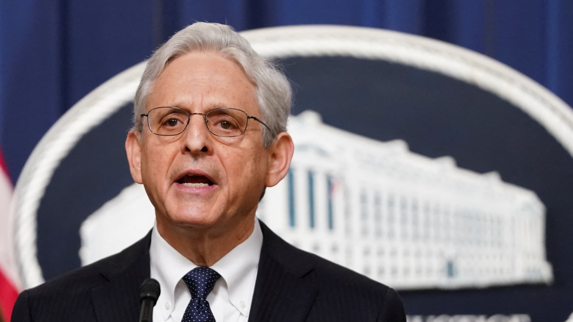 U.S. Attorney General Merrick Garland speaks to reporters after a jury convicted four members of the far-right Proud Boys militia group including its former leader Enrique Tarrio of seditious conspiracy, in connection with the Jan. 6 attack on the U.S. Capitol, as Deputy Attorney General Lisa Monaco stands by during a brief news conference at the Justice Department in Washington, May 4, 2023.