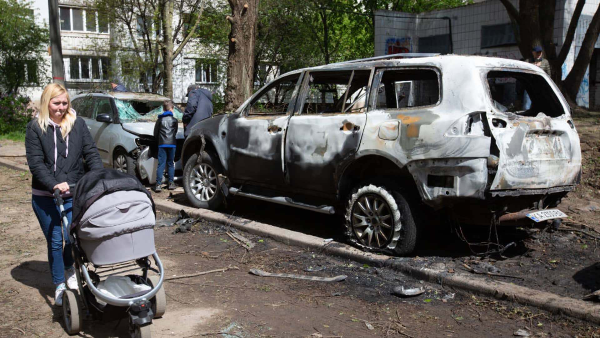 A view of a damaged cars after night attack by Russian Iranian made drones in Kyiv, Ukraine on May 08, 2023.