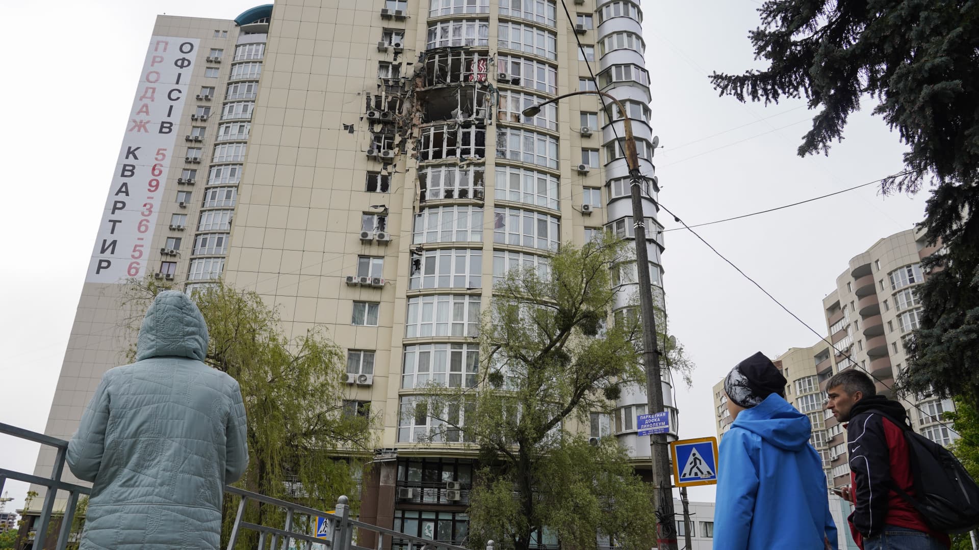 A building was damaged by the wreckage of a Russian drone in Kyiv, Ukraine, on May 8, 2023. On the night of May 8, air defense forces destroyed more than 30 combat drones over Kyiv