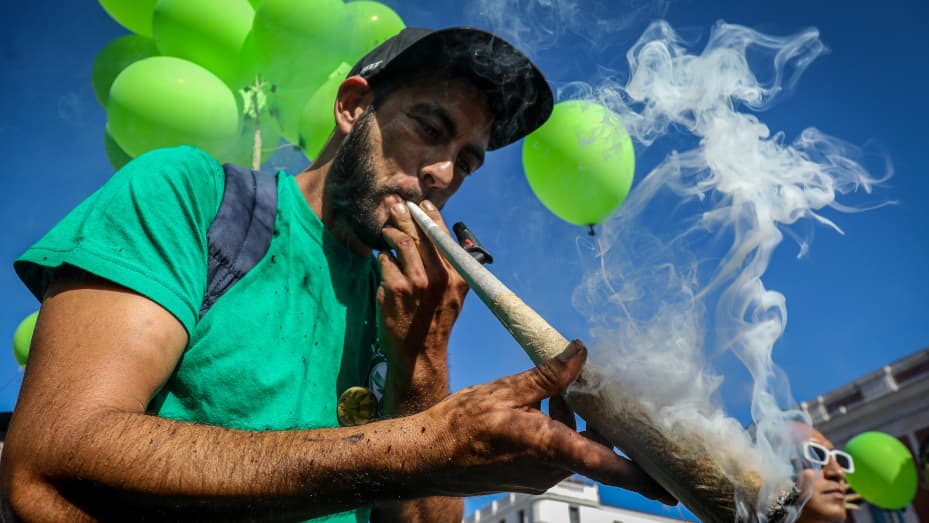 A protester smokes a marijuana cigarette in Madrid, Spain, during the demonstration during the world march for the legalization of marijuana.
