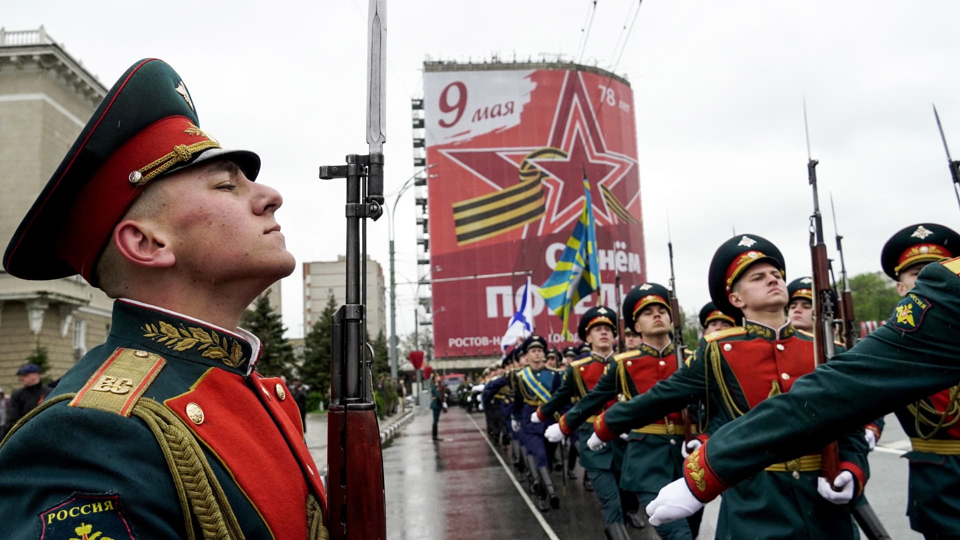 Russian servicemen march during the Victory Day parade in Rostov-on-Don on May 8, 2023. Russia will celebrate the 78th anniversary of the 1945 victory over Nazi Germany on May 9.
