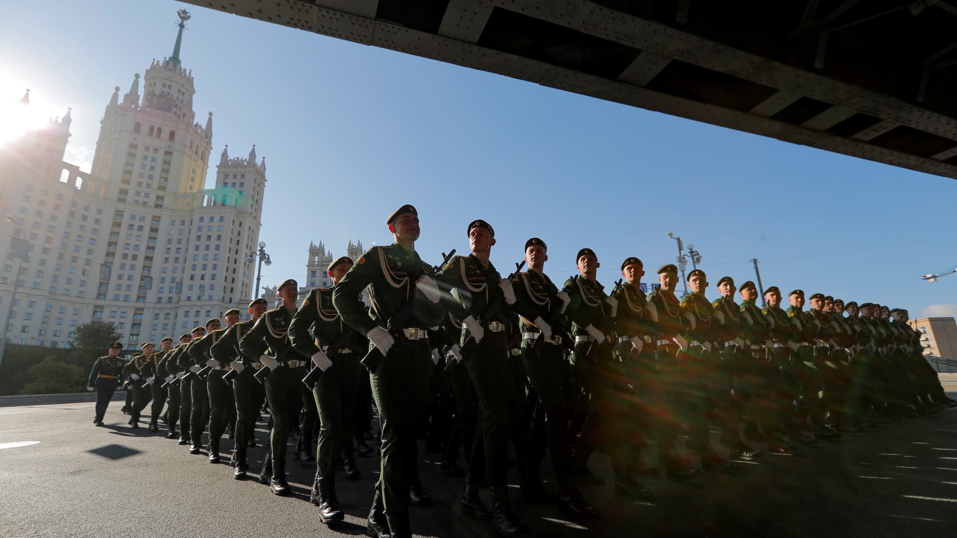 Russian soldiers at a rehearsal of the Victory Day military parade in Moscow, Russia, on May 7, 2023.