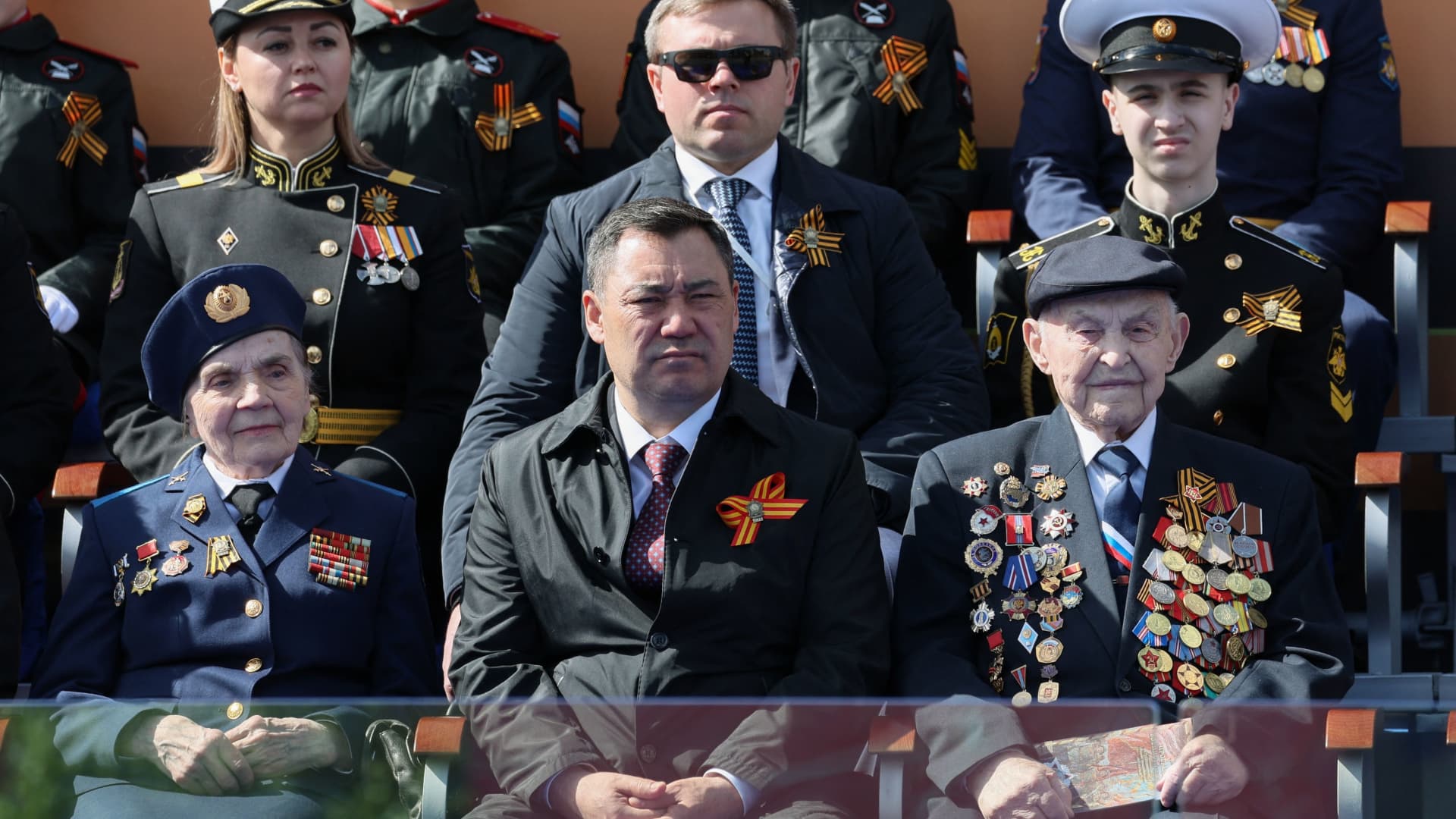 Kyrgyz President Sadyr Japarov attends the Victory Day military parade at Red Square in central Moscow on May 9, 2023.