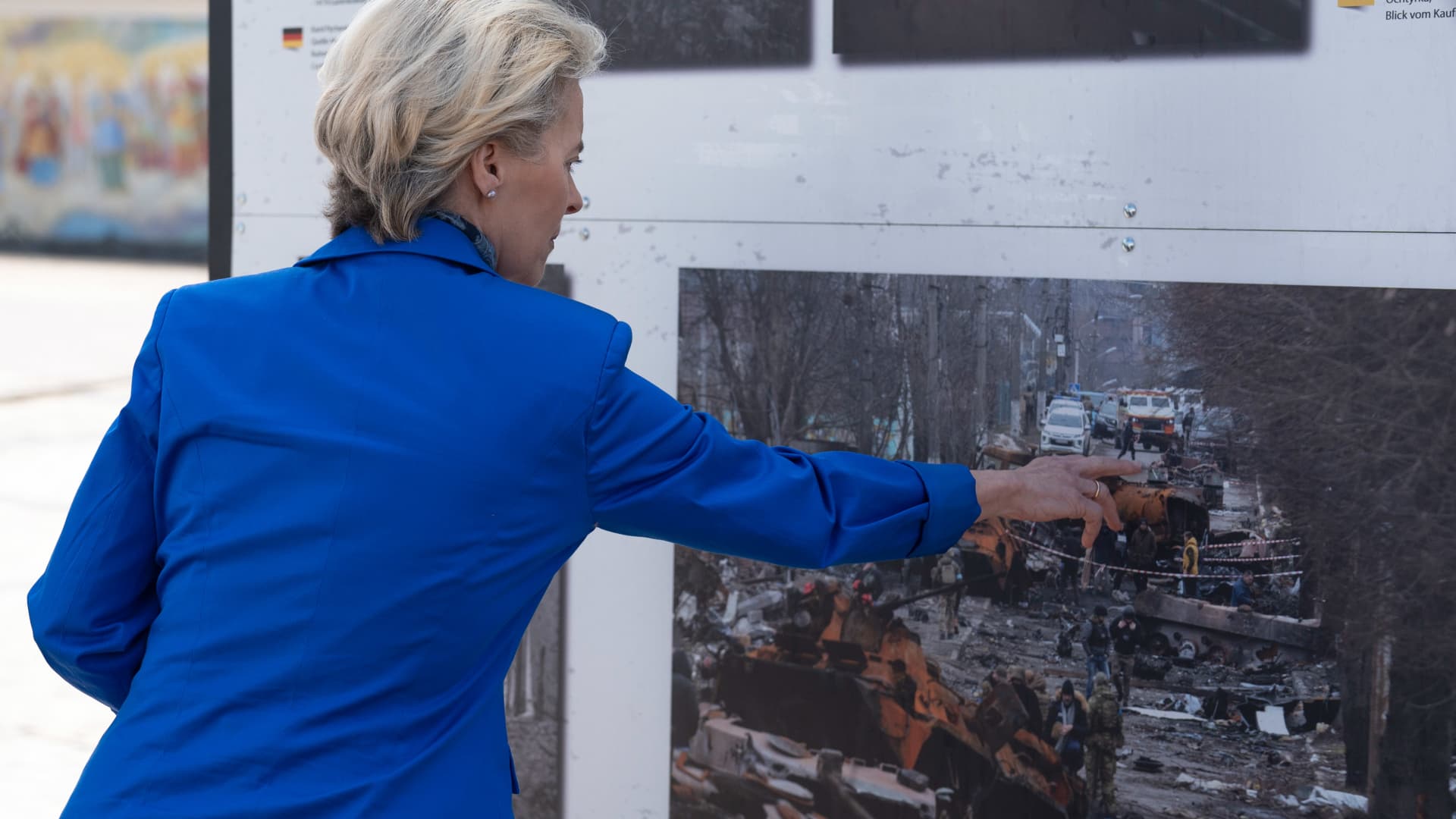 Ursula von der Leyen, president of the European Commission, visits a display of destroyed Russian military vehicles and war photography in Kyiv, Ukraine, on Tuesday, May 9, 2023.