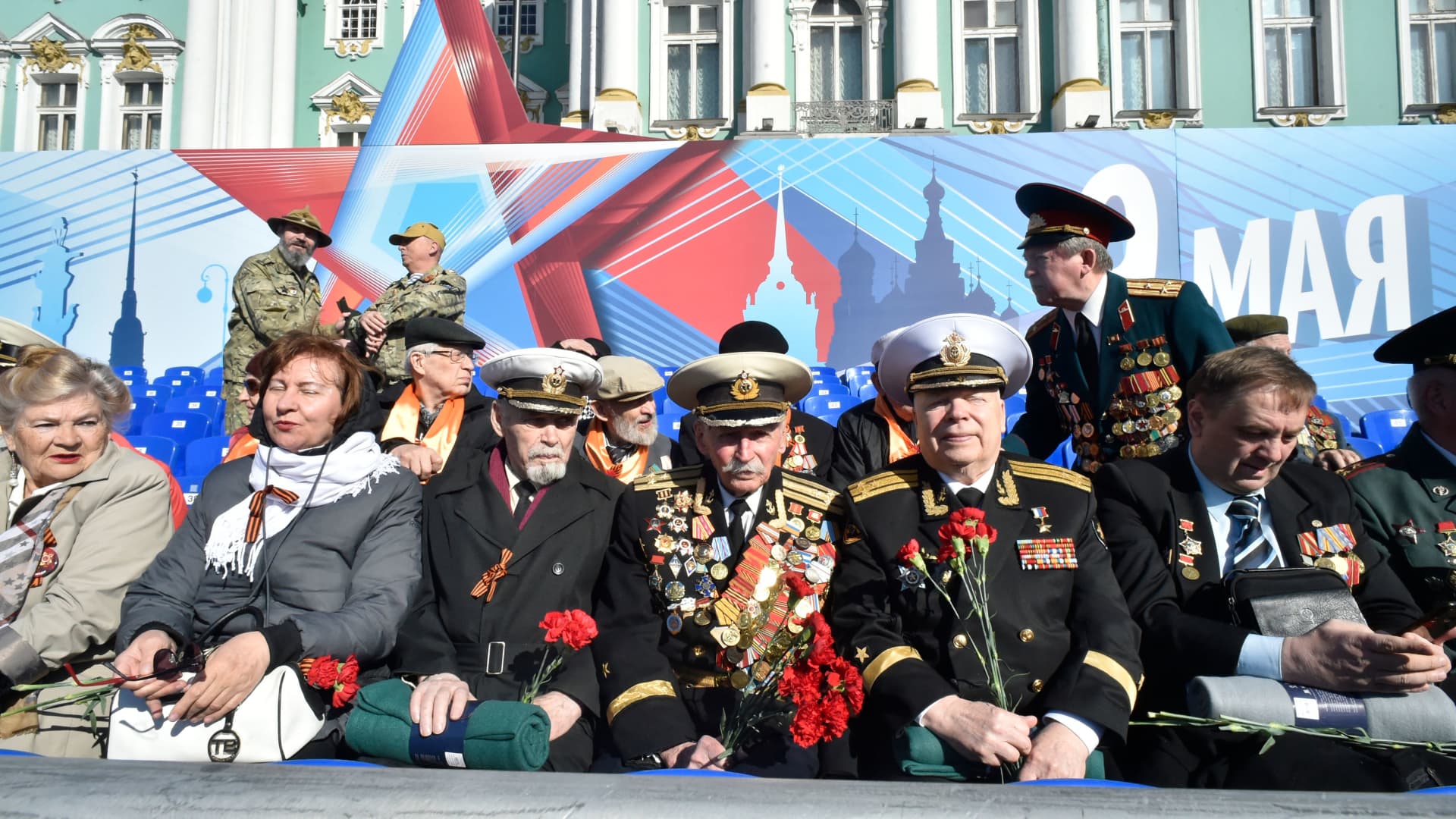 Veterans watch the Victory Day military parade on Dvortsovaya Square in central Saint Petersburg on May 9, 2023.