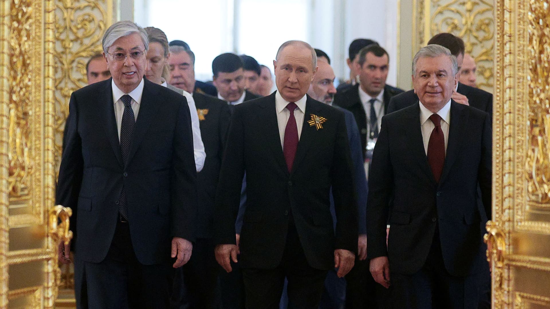 Russian President Vladimir Putin, Kazakh President Kassym-Jomart Tokayev and Uzbek President Shavkat Mirziyoyev arrive for a working breakfast of the leaders of the Commonwealth of Independent States (CIS) in Moscow, Russia May 9, 2023. 
