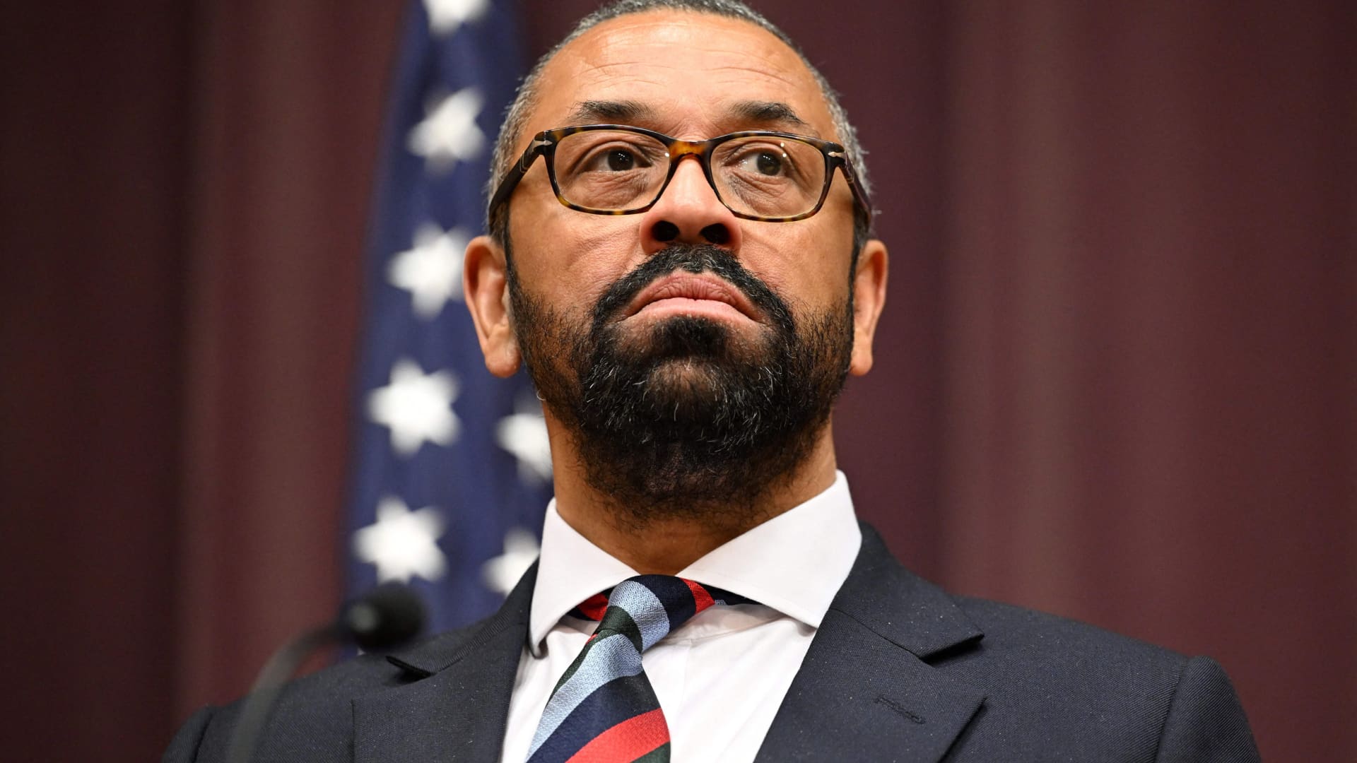 U.K. Foreign Secretary James Cleverly looks on during a joint press conference with U.S. Secretary of State Antony Blinken at the State Department in Washington, D.C., on May 9, 2023.