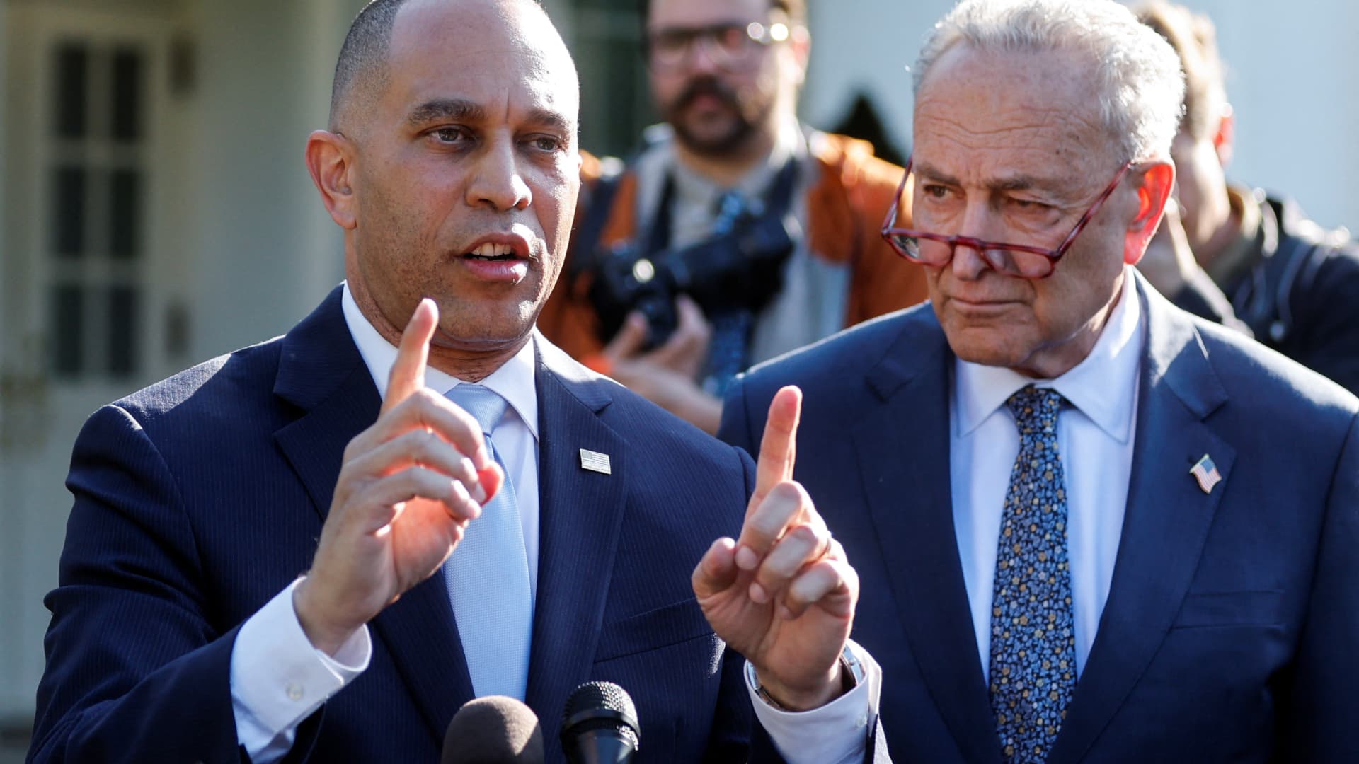 U.S. House Democratic Leader Hakeem Jeffries (D-NY) and Senate Majority Leader Chuck Schumer (D-NY) talk to reporters following debt limit talks with U.S. President Joe Biden and Congressional leaders at the White House in Washington, May 9, 2023.