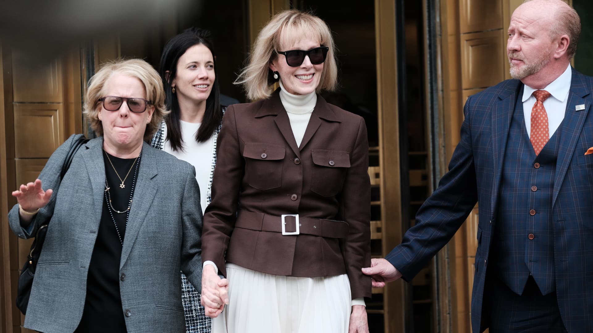 Writer E. Jean Carroll leaves a Manhattan courthouse after a jury found former President Donald Trump liable for sexually abusing her in a Manhattan department store in the 1990s, in New York City on May 9, 2023.