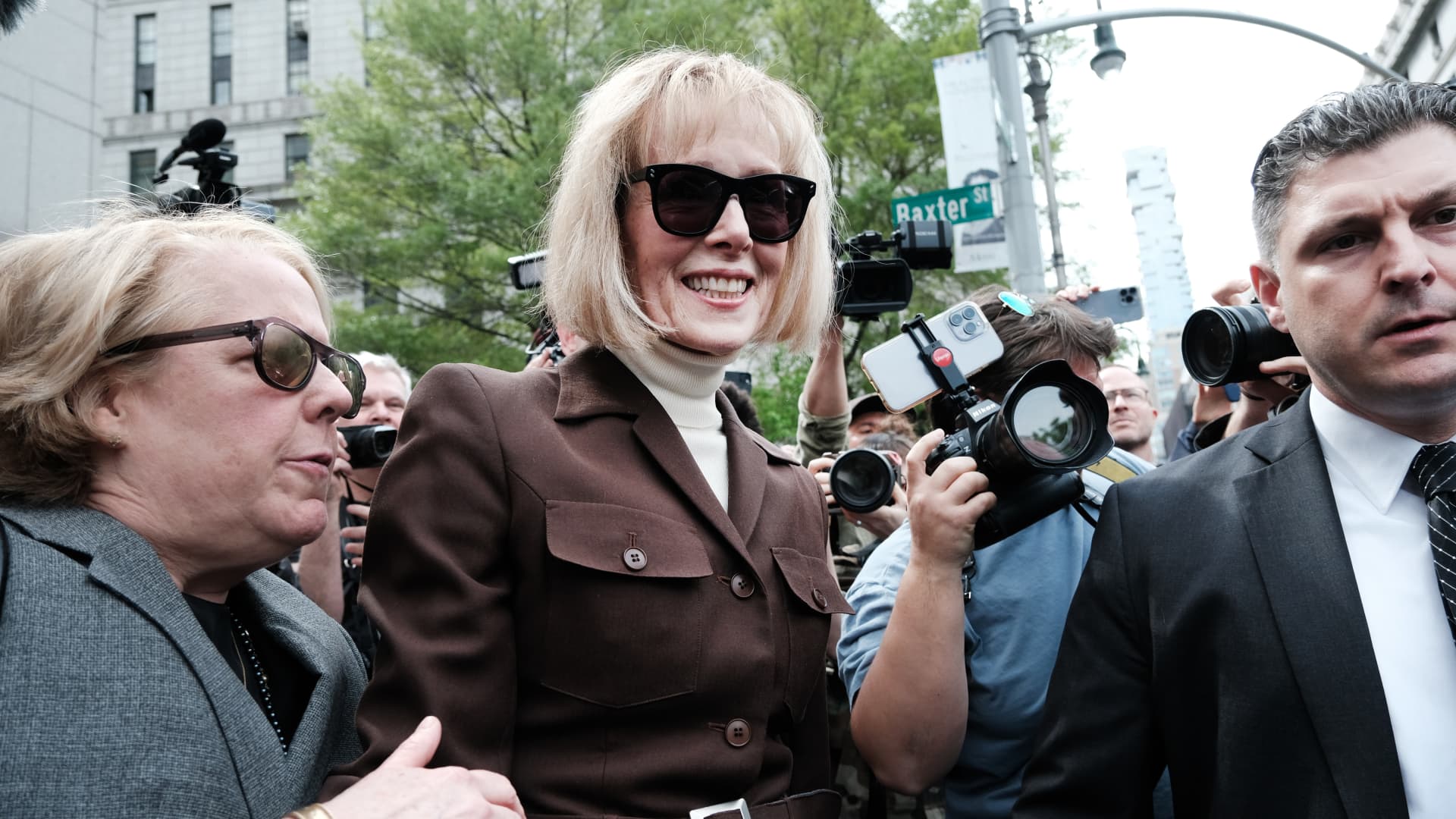 Writer E. Jean Carroll leaves a Manhattan court house after a jury found former President Donald Trump liable for sexually abusing her in a Manhattan department store in the 1990's, New York City, May 9, 2023.