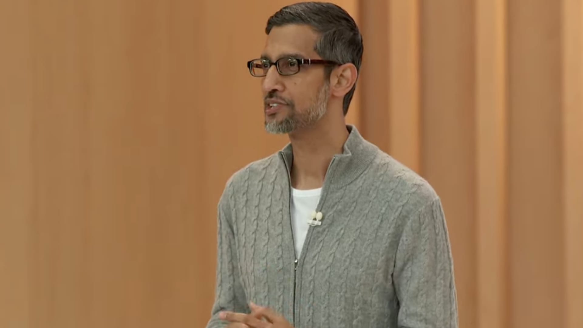 Sundar Pichai speaking at the 2023 Google I/O Developer's Conference in Mountain View, California, May 10, 2023.