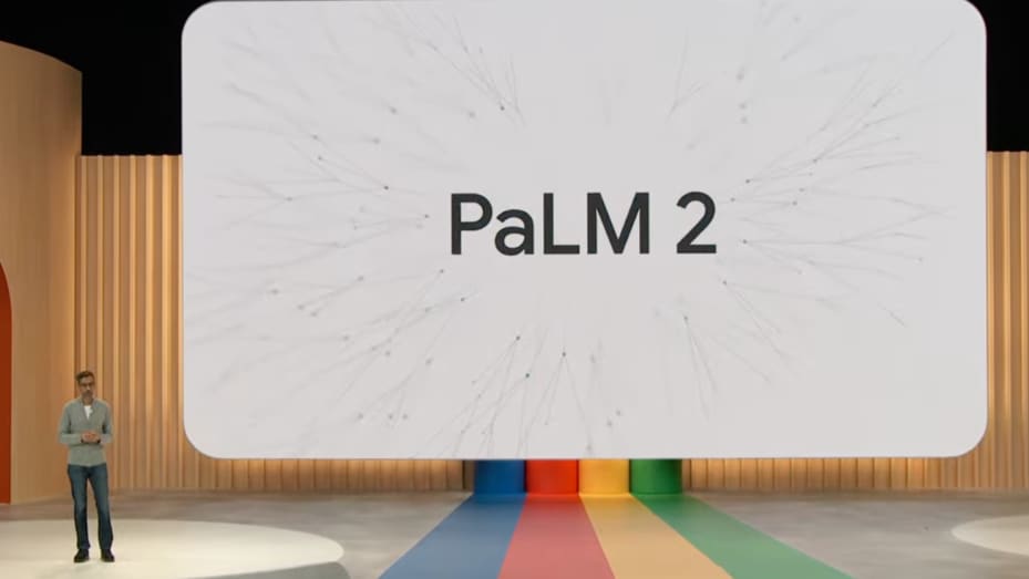 Google CEO Sundar Pichai presents PaLM 2 at the Google I/O Developer's Conference in Mountain View, Calif on May 10th, 2023.