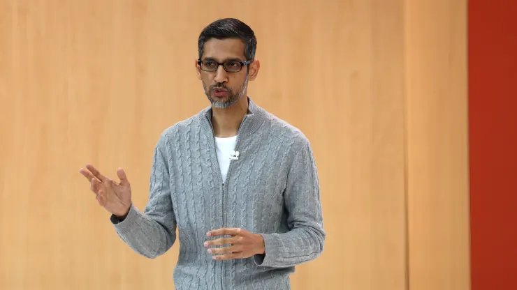 MOUNTAIN VIEW, CALIFORNIA - MAY 10: Alphabet CEO Sundar Pichai delivers the keynote address at the Google I/O developers conference at Shoreline Amphitheatre on May 10, 2023 in Mountain View, California. Google held its annual Google I/O developers conference where they are expected to unveil the new Pixel Fold foldable smartphone. (Photo by Justin Sullivan/Getty Images)