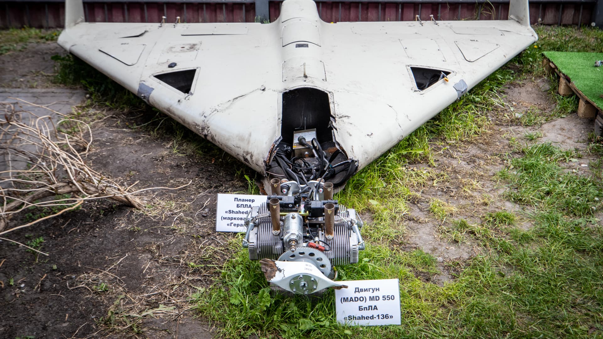 A Shahed 136 at an exhibition showing remains of missiles and drones that Russia used to attack Kyiv, on May 12, 2023 in Kyiv, Ukraine.