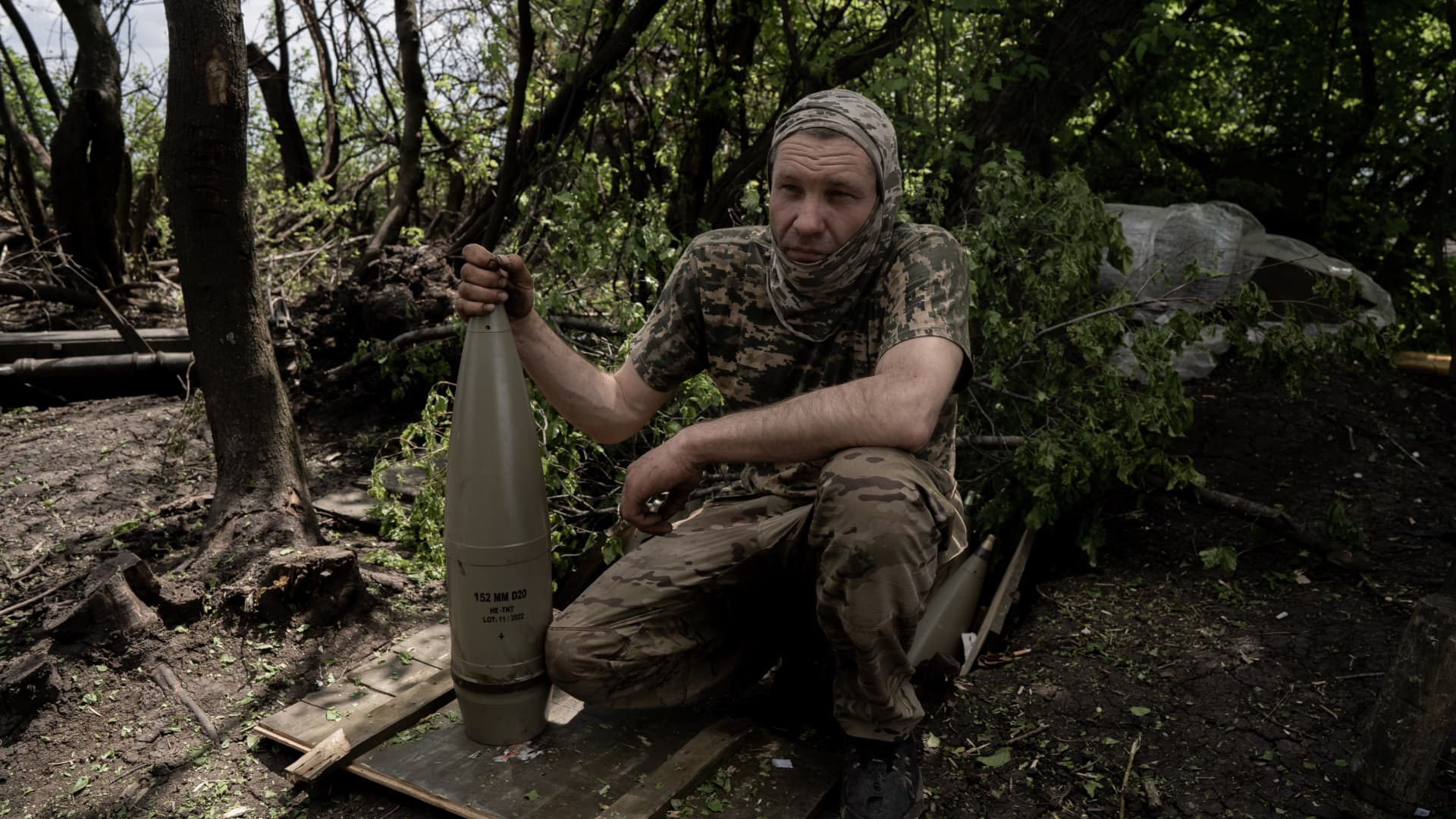 57th Brigade Artillery Regiment of the Ukrainian Army in the second front line during a field firefight while the Russia-Ukraine war continues in Chasiv Yar, Donetsk Oblast, Ukraine on May 15, 2023.