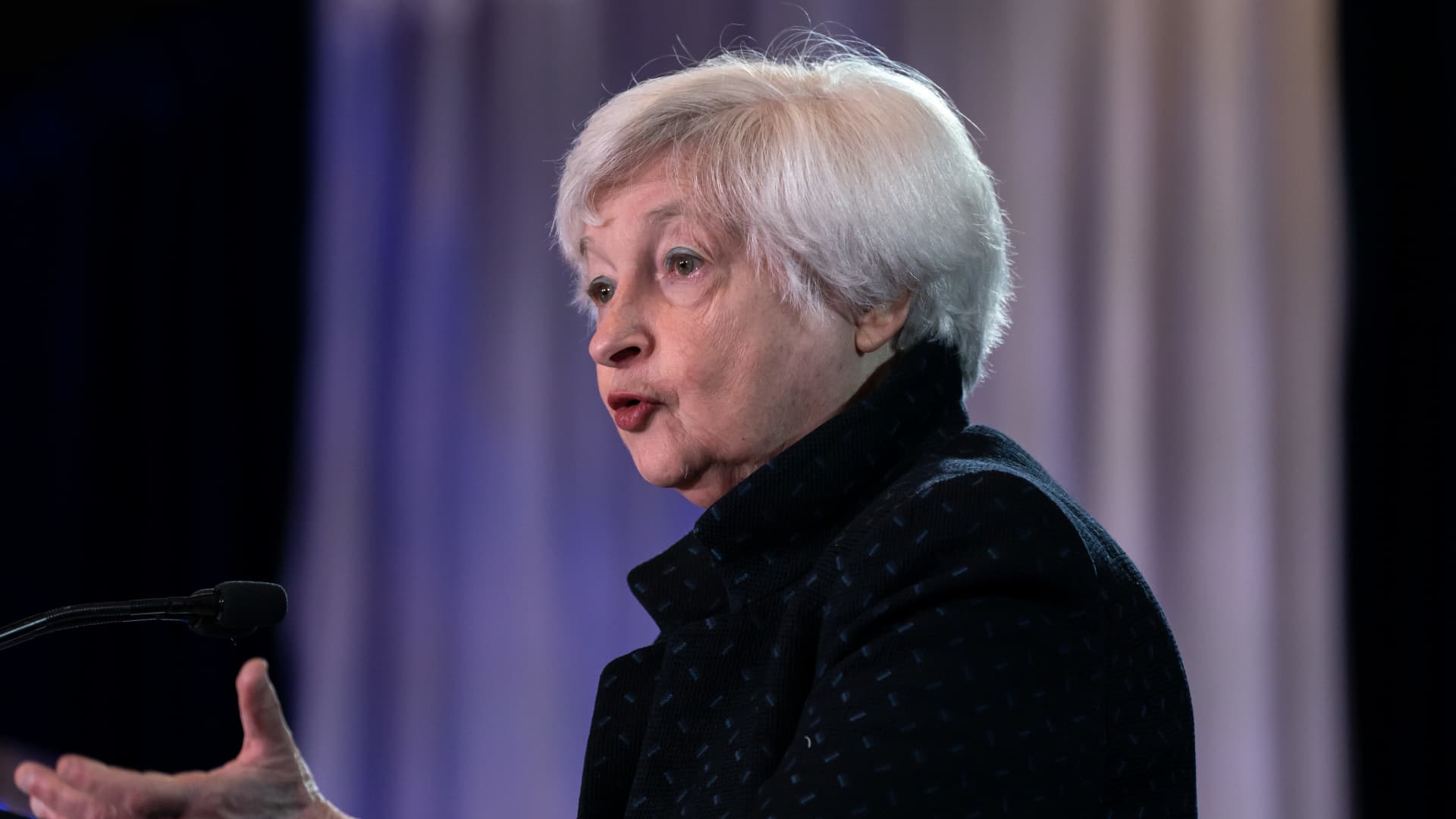 Janet Yellen, US Treasury secretary, speaks during the Independent Community Bankers Of America (ICBA) Capital Summit in Washington, DC, US, on Tuesday, May 16, 2023. 