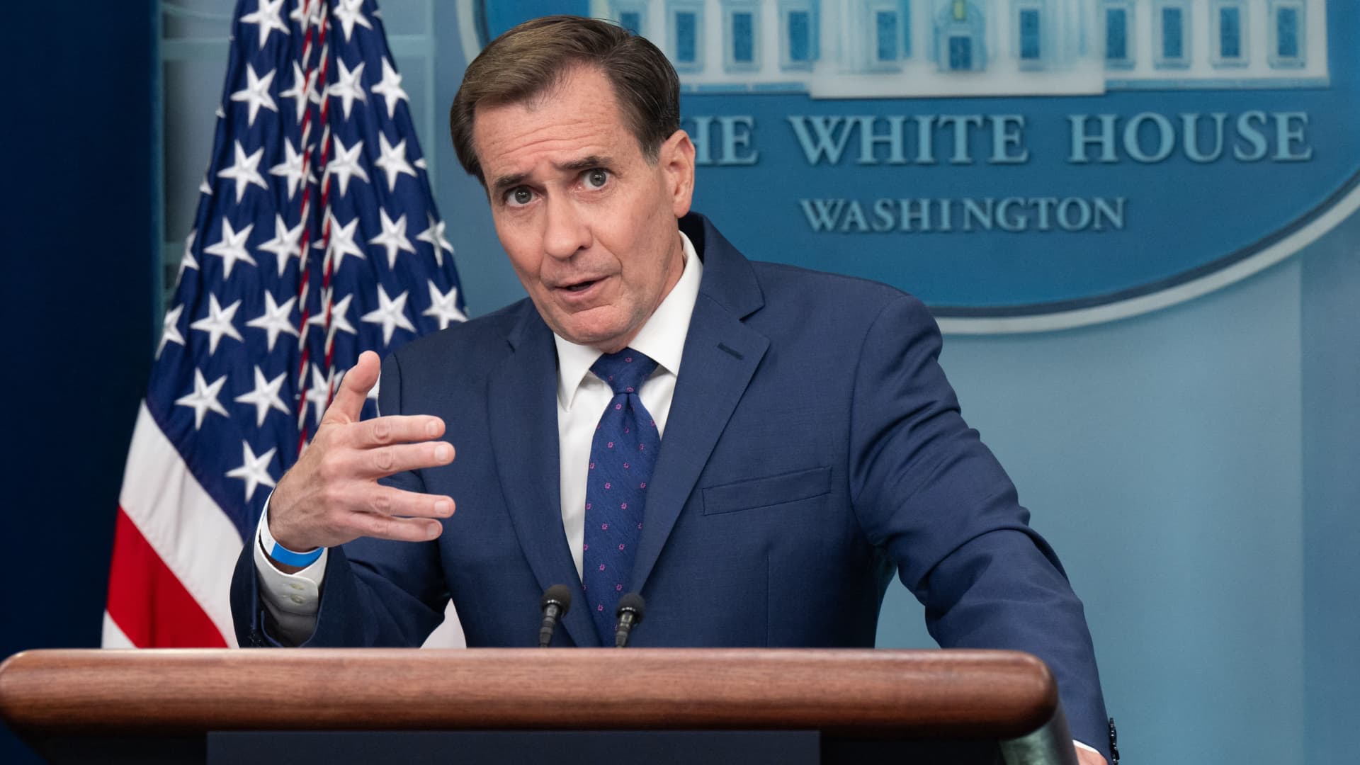 National Security Council Coordinator for Strategic Communications John Kirby speaks during the daily briefing in the Brady Press Briefing Room of the White House in Washington, DC, on May 16, 2023.