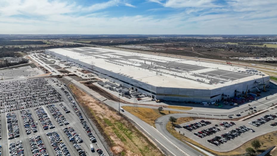 In an aerial view, Tesla Corporate Headquarters are seen on January 03, 2023 in Travis County, Texas.