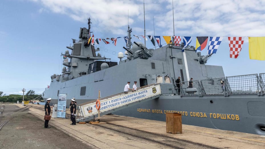 RICHARDS BAY, South Africa - Feb. 22, 2023: Russian military frigate "Admiral Gorshkov" docked at the port in Richards Bay on February 22, 2023. South Africa drew criticism from the U.S. and Europe for holding 10 days of joint naval exercises with Russia and China.
