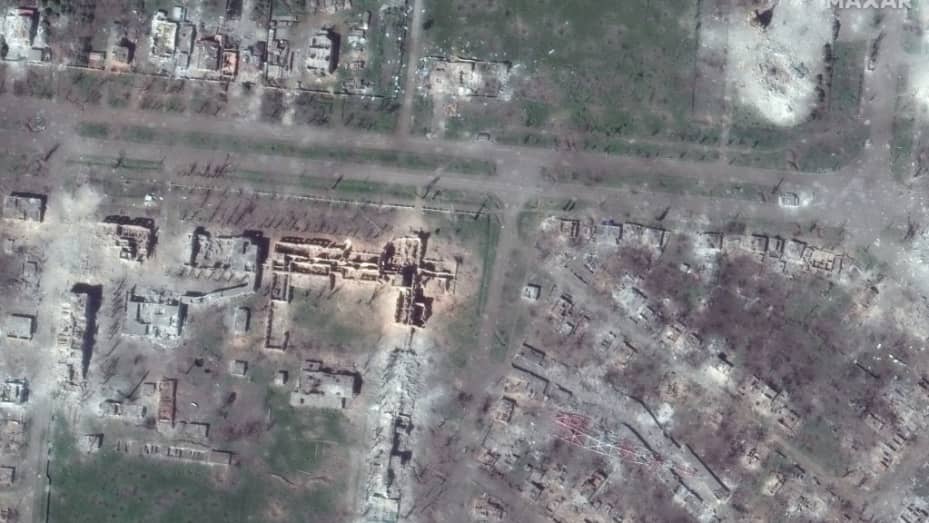 BAKHMUT, UKRAINE -- MAY 15, 2023:  12 - Maxar satellite imagery comparing the before/after destruction of University buildings amd a aradio tower in Bakhmut, Ukraine.  Please use: Satellite image (c) 2023 Maxar Technologies.