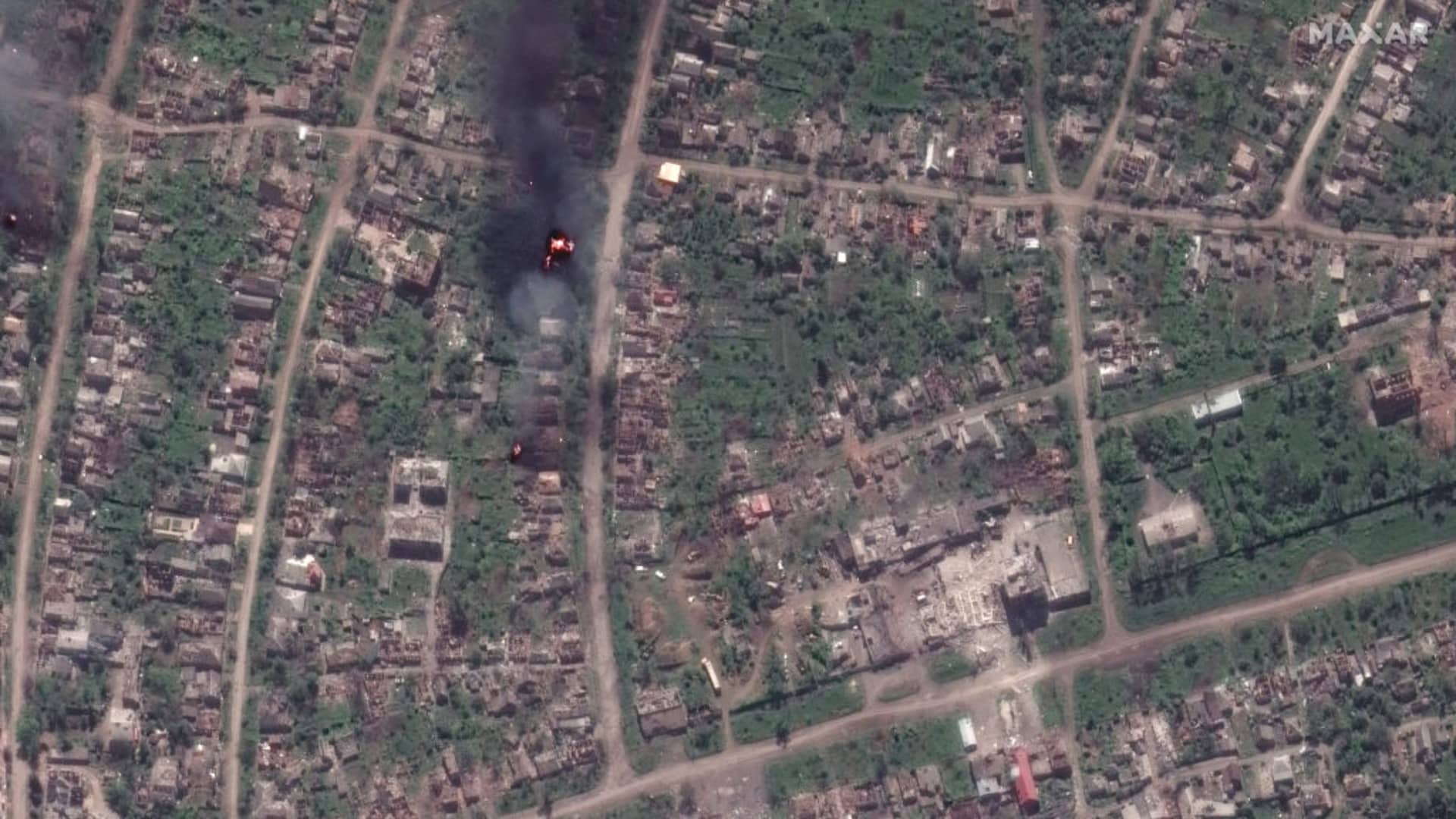 Maxar satellite imagery of homes and buildings in Bakhmut, Ukraine.