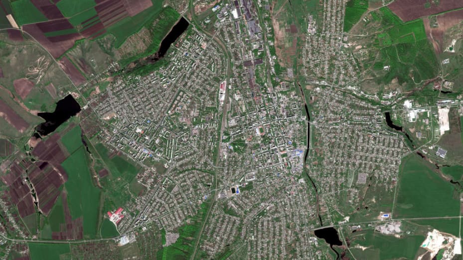 BAKHMUT, UKRAINE -- MAY 8, 2022:  01 - Maxar satellite imagery comparing the before/after destruction of Bakhmut, Ukraine.  Please use: Satellite image (c) 2022 Maxar Technologies.