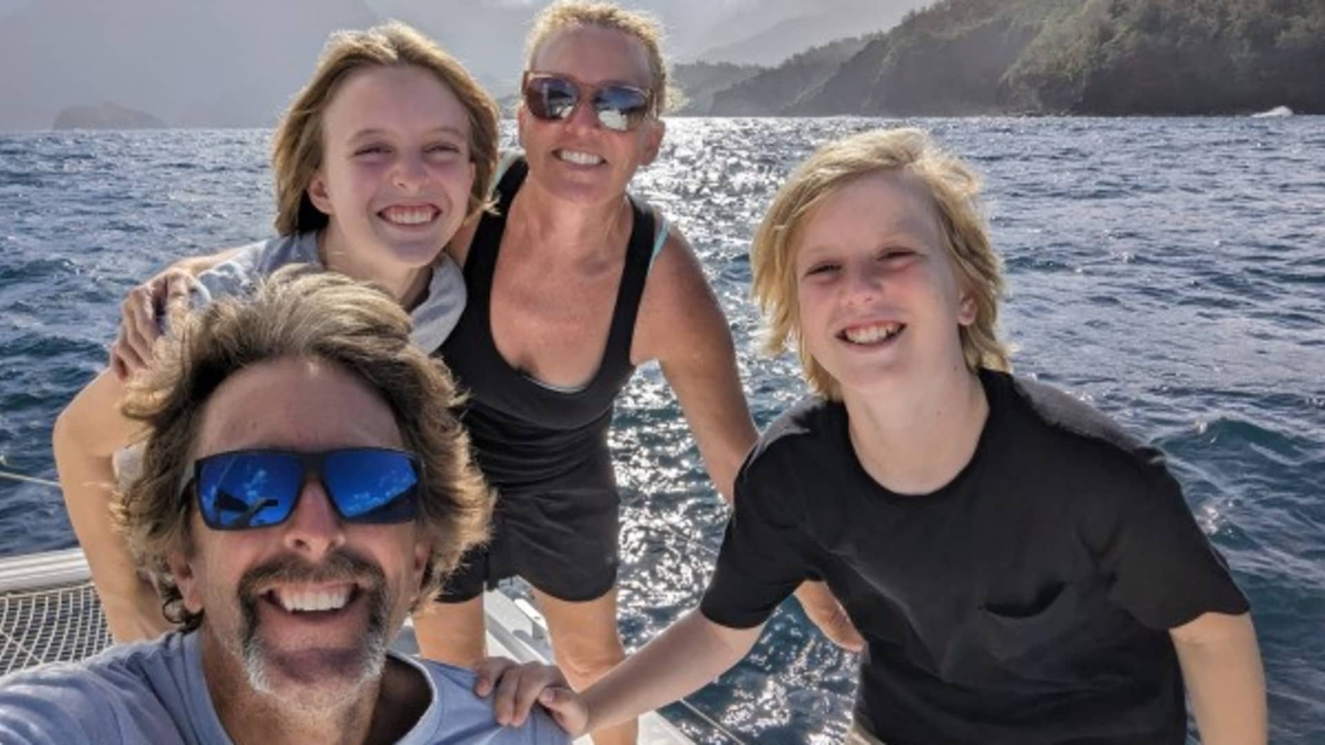 The Schulte family approaching the Marquesas Islands after spending 21 days at sea crossing the Pacific Ocean.