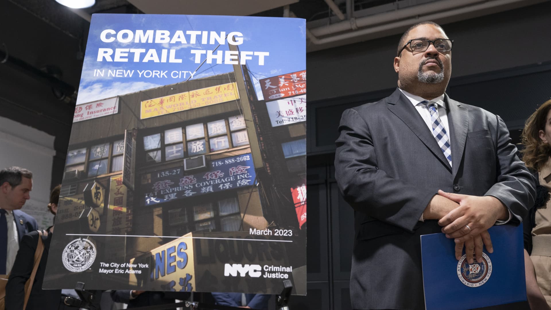Manhattan DA Alvin Bragg is pictured during a press conference related to reducing shoplifting Wednesday, May, 17, 2023 in Manhattan, New York.