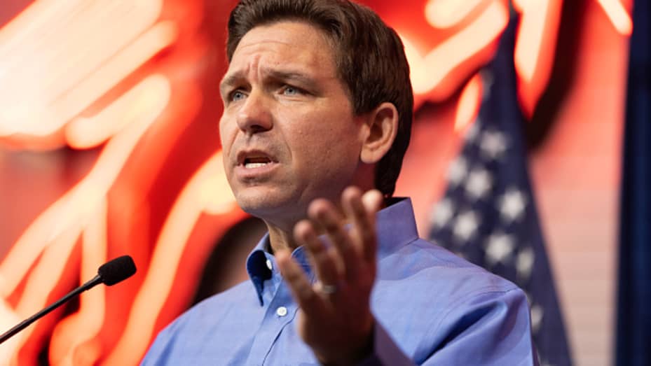 Florida Gov. Ron DeSantis speaks during the annual Feenstra Family Picnic at the Dean Family Classic Car Museum in Sioux Center, Iowa, on Saturday, May 13, 2023.