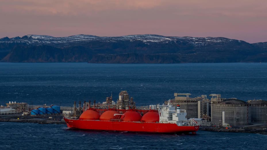 A LNG ship is pictured at the island Melkoya where Norwegian energy giant Equinor has built a facility for receiving and processing natural gas from the Snøhvit field in the Barents Sea.