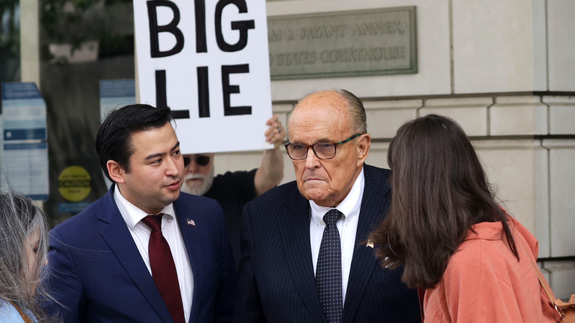 Former New York City Mayor and former personal lawyer for former President Donald Trump Rudy Giuliani talks to members of the press before he leaves the U.S. District Court on May 19, 2023 in Washington, DC.