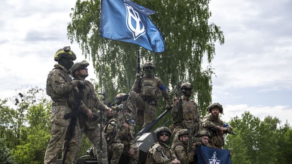 UNSPECIFIED, UKRAINE - MAY 24: Members of Russian Volunteer Corps," a paramilitary group made up of Russian citizens based in Ukraine, are seen near the Russian border in northern Ukraine on May 24, 2023. (Photo by Muhammed Enes Yildirim/Anadolu Agency via Getty Images)