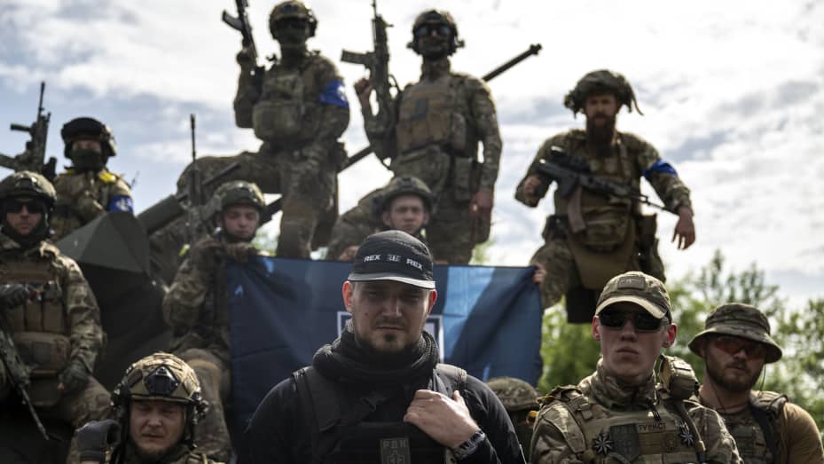 UNSPECIFIED, UKRAINE - MAY 24: Members of Russian Volunteer Corps," a paramilitary group made up of Russian citizens based in Ukraine, are seen near the Russian border in northern Ukraine on May 24, 2023. (Photo by Muhammed Enes Yildirim/Anadolu Agency via Getty Images)