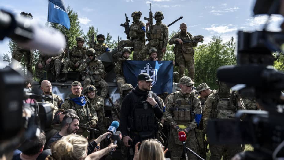 UNSPECIFIED, UKRAINE - MAY 24: Members of Russian Volunteer Corps," a paramilitary group made up of Russian citizens based in Ukraine, speak to media near the Russian border in northern Ukraine on May 24, 2023. (Photo by Muhammed Enes Yildirim/Anadolu Agency via Getty Images)