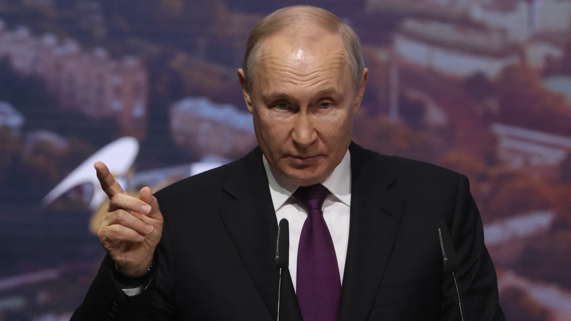 Russian President Vladimir Putin gestures making a speech at the 2nd Eurasian Economic Forum on May 24, 2023, in Moscow, Russia.