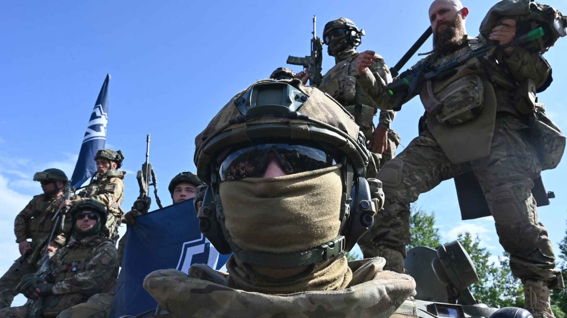 Fighters of the Russian Volunteer Corps attend a presentation for the media in northern Ukraine, not far from the Russian border, on May 24, 2023, amid Russian military invasion on Ukraine.