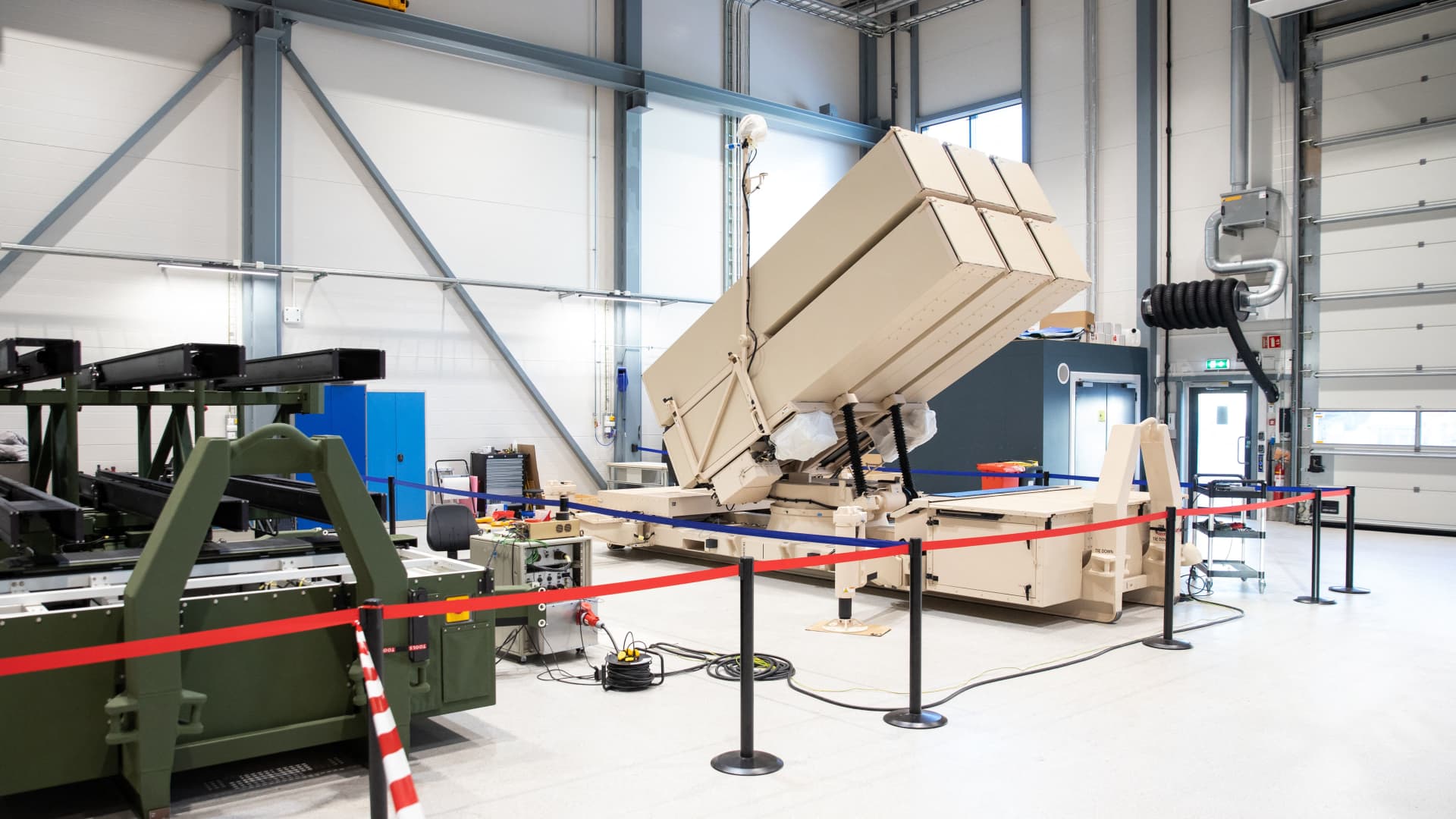 A NASAMS surface-to-air missile launcher is seen during production at the assembly line of the Kongsberg Defence & Aerospace weapons factory in Kongsberg, Norway on January 30, 2023.