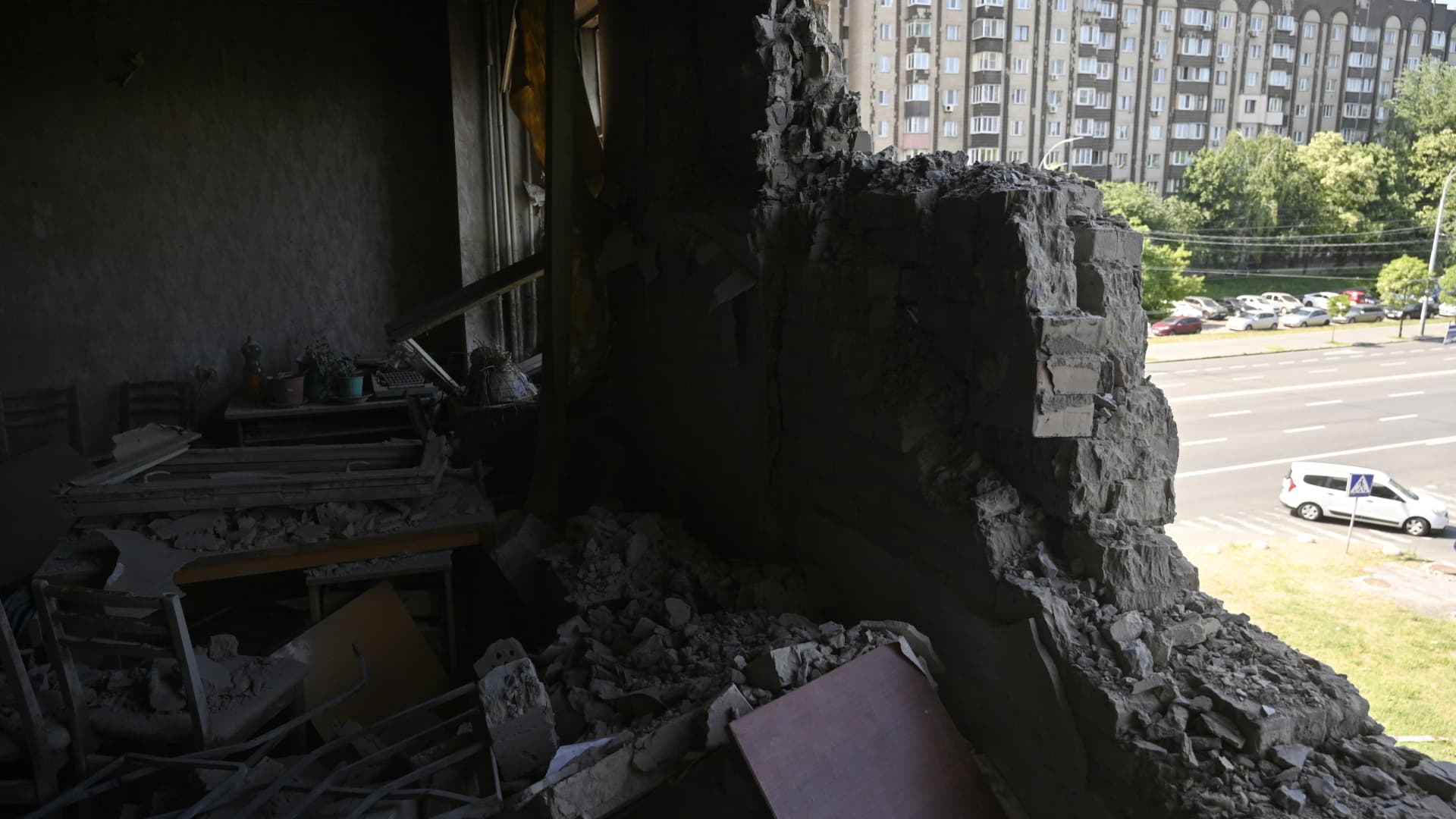 A building in Kyiv that was damaged by the Iranian Shahed drones used by the Russian army.