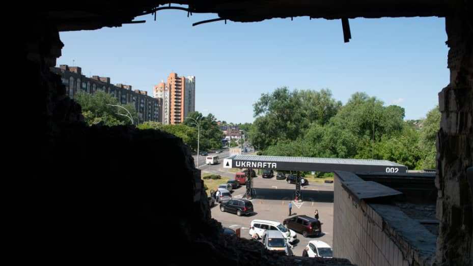 The view through a destroyed building after the Russian drone attack in Kyiv, Ukraine, on May 28, 2023.