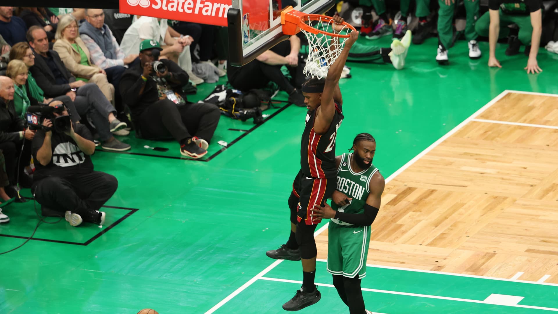BOSTON, MASSACHUSETTS - MAY 29: Jimmy Butler #22 of the Miami Heat dunks the ball against Jaylen Brown #7 of the Boston Celtics during the fourth quarter in game seven of the Eastern Conference Finals at TD Garden on May 29, 2023 in Boston, Massachusetts. (Photo by Adam Glanzman/Getty Images)