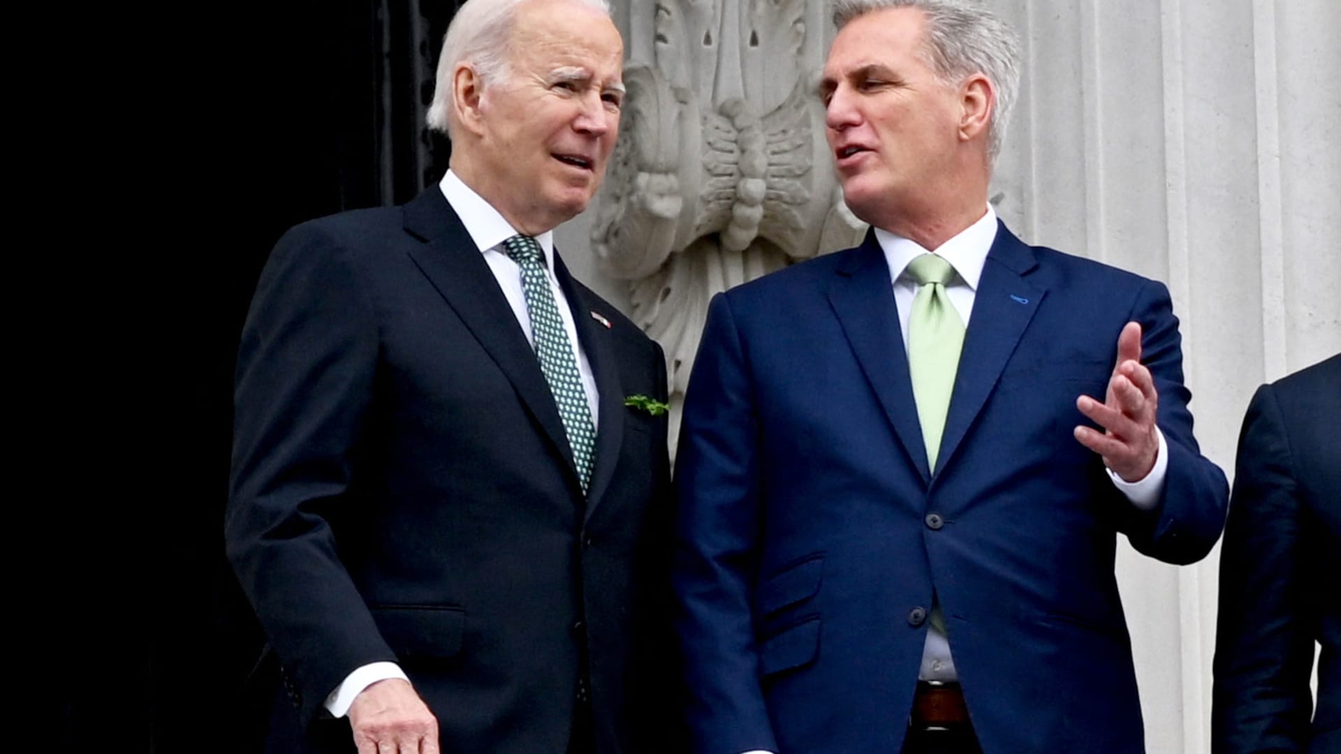 (L-R) US President Joe Biden, Speaker of the House Kevin McCarthy, Republican of California, depart after the annual Friends of Ireland luncheon on St. Patrick's Day at the US Capitol in Washington, DC, on March 17, 2023.