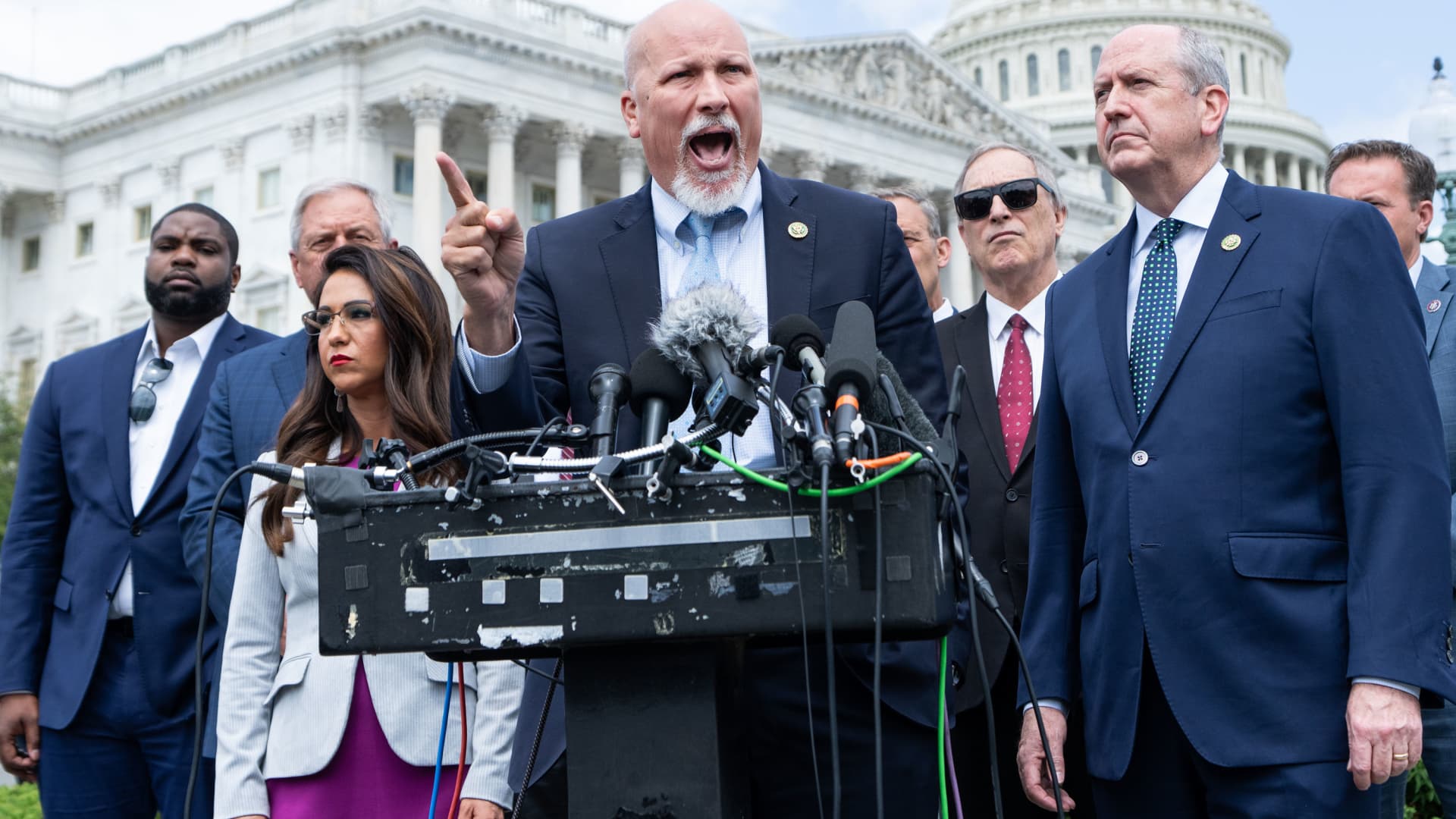 Rep. Chip Roy, R-Texas, speaks during the House Freedom Caucus news conference to oppose the debt limit deal outside of the US Capitol on Monday, May 30, 2023.