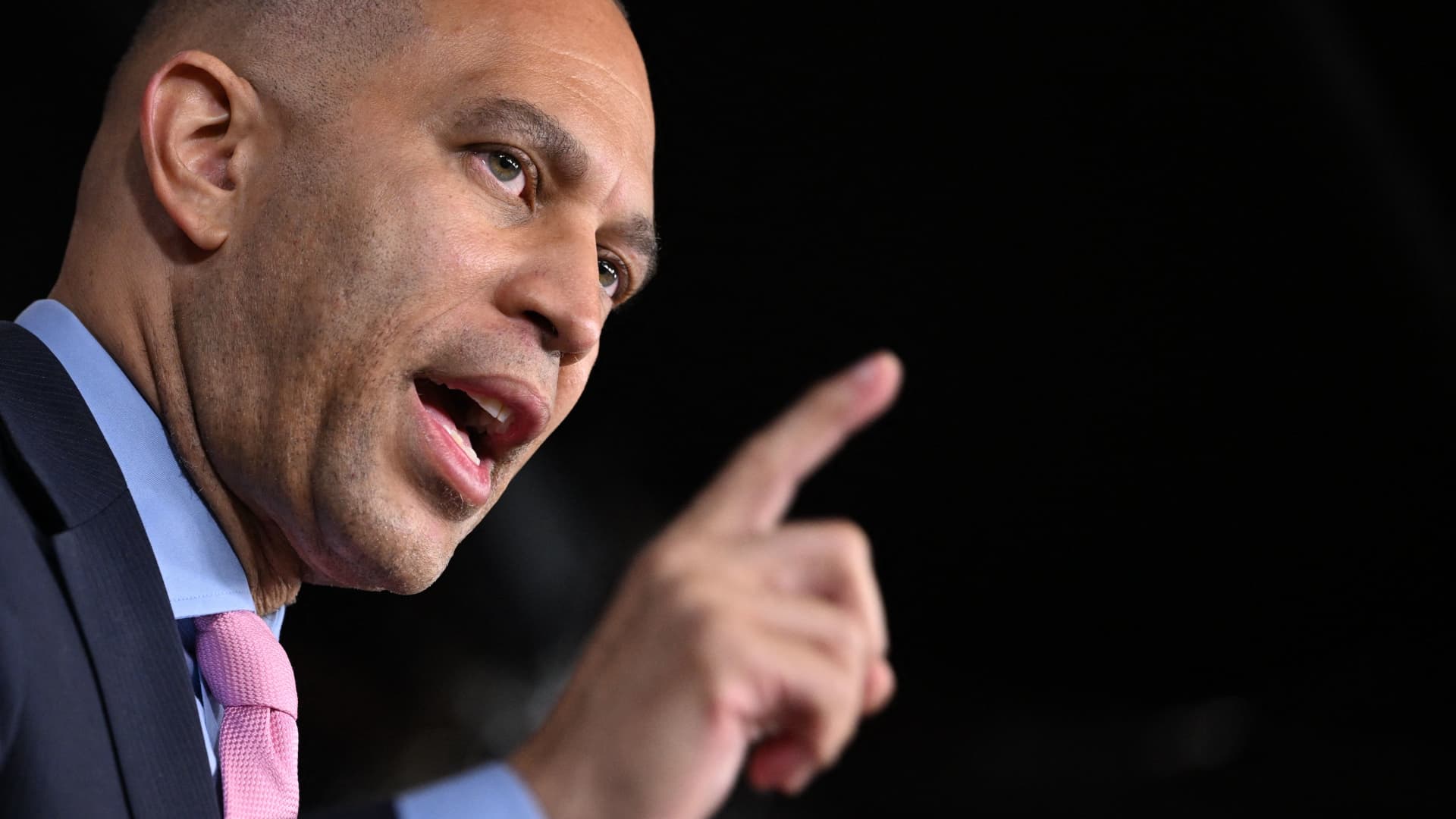 House Minority Leader Hakeem Jeffries speaks following a meeting with the House Democratic Caucus on the Fiscal Responsibility Act of 2023 in the US Capitol in Washington, DC, on May 31, 2023.