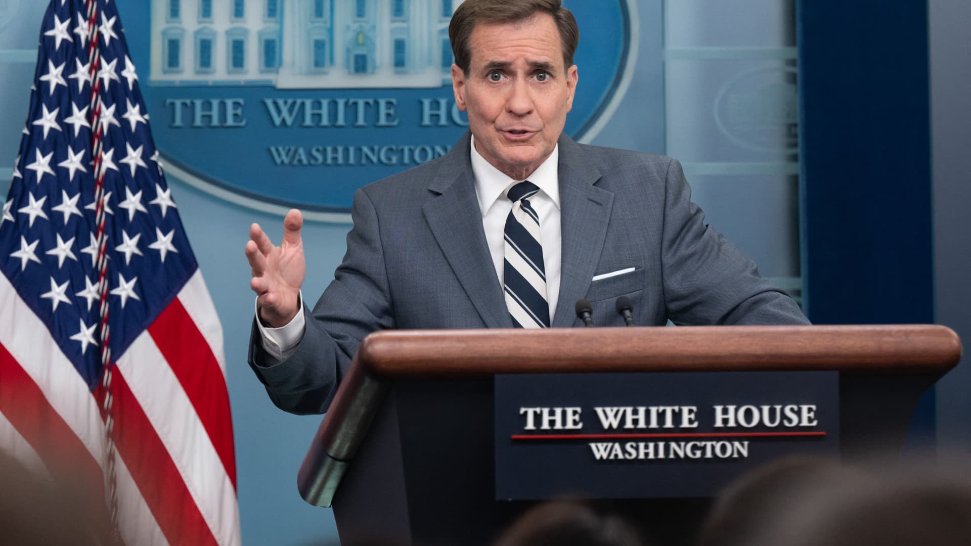 US National Security Council Coordinator for Strategic Communications John Kirby speaks during the daily briefing in the Brady Briefing Room of the White House in Washington, DC, on May 31, 2023.