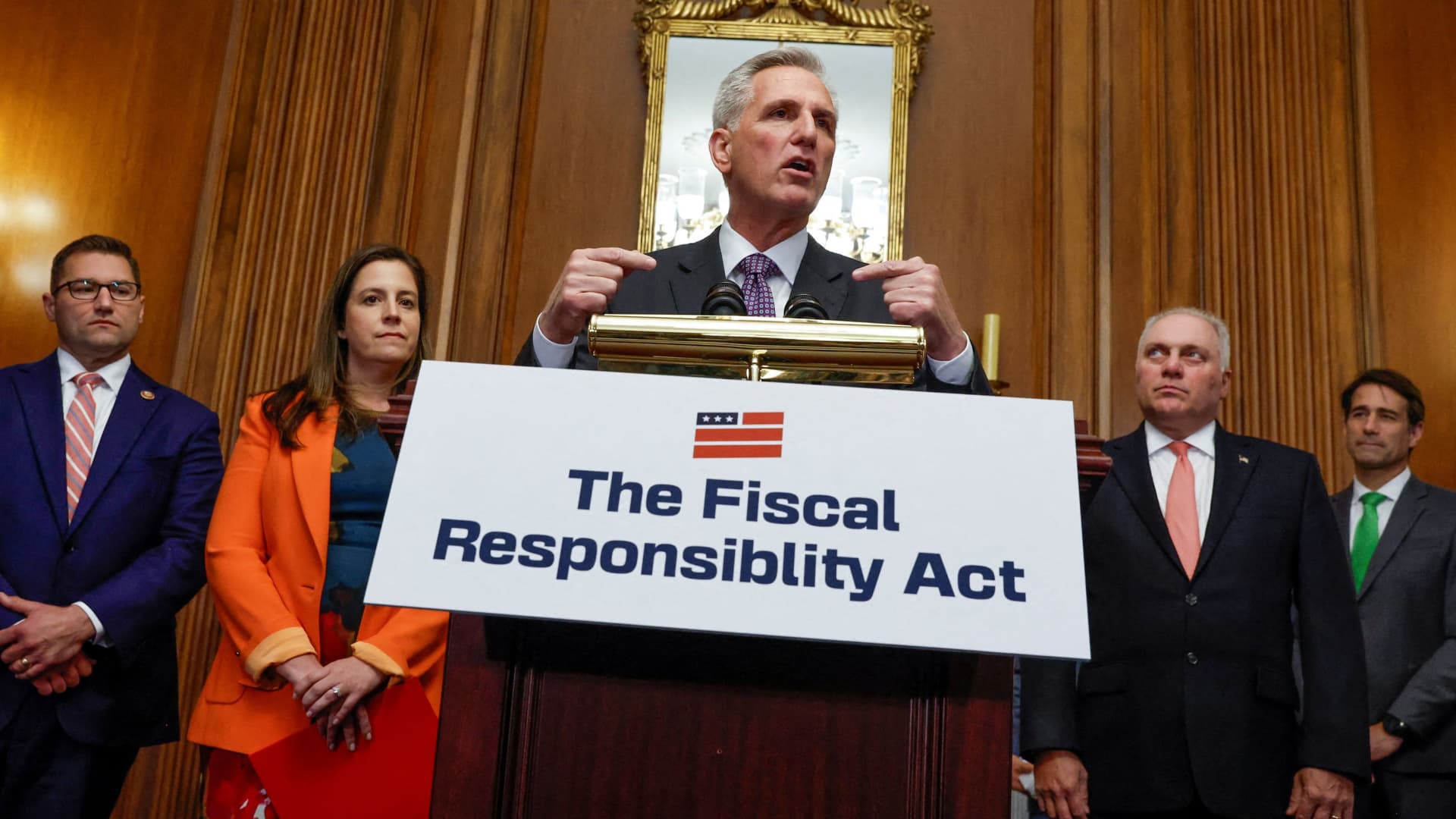 U.S. House Speaker Kevin McCarthy (R-CA) speaks during a press conference accompanied by House Majority Leader Steve Scalise (R-LA) and U.S. Rep. Elise Stefanik (R-NY) after the House approved the debt ceiling deal he negotiated with the White House to end their standoff and avoid a historic default, at the U.S. Capitol in Washington, U.S. May 31, 2023.