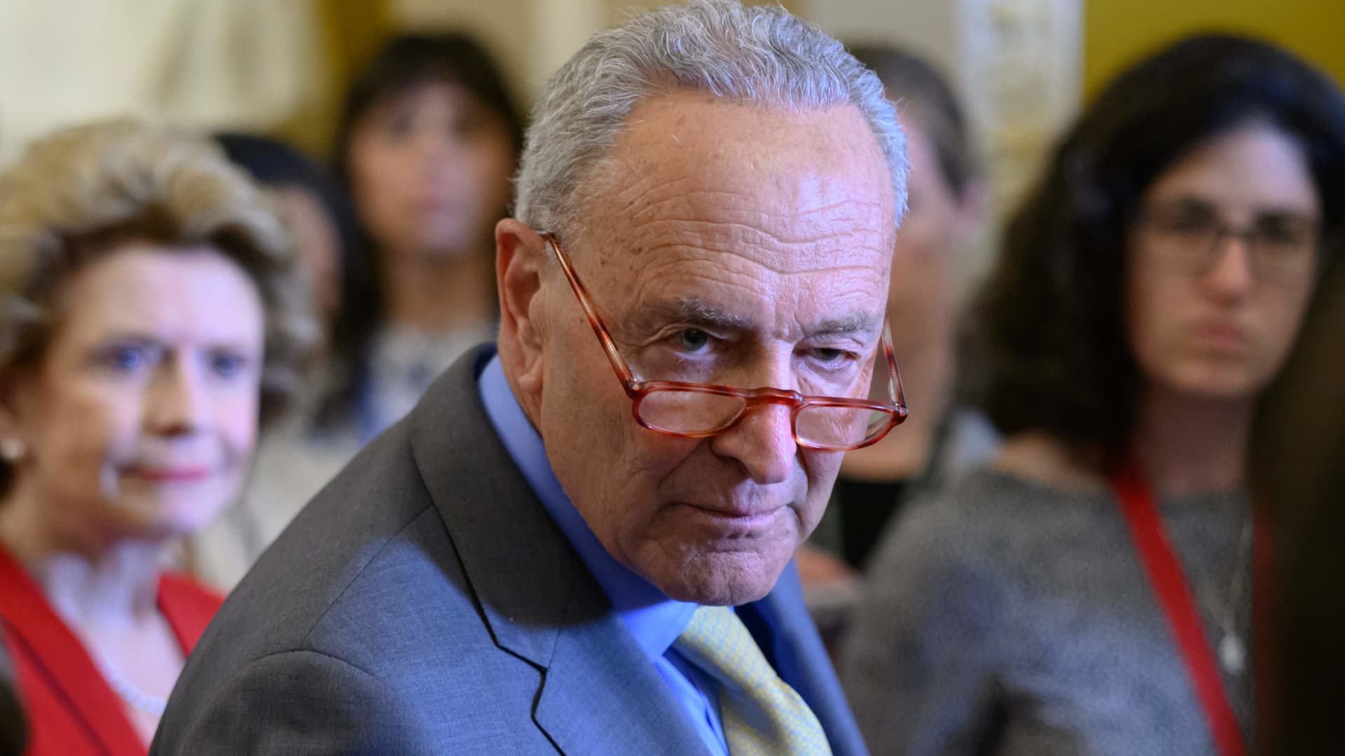 US Senate Majority Leader Chuck Schumer (D-NY) speaks during a news conference following Senate Democrat policy luncheons at the US Capitol in Washington, DC, on May 31, 2023.