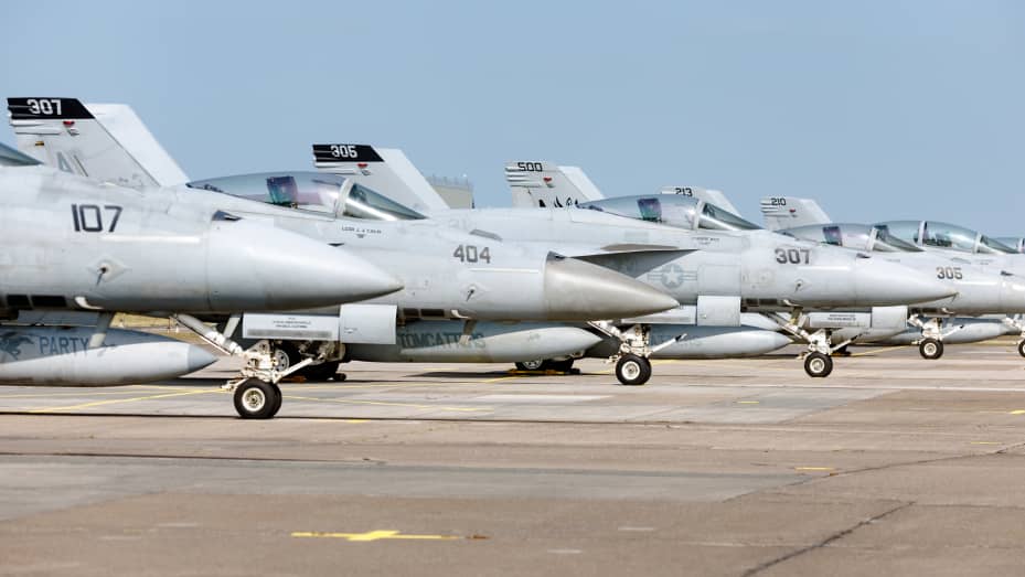 01 June 2023, Hamburg: U.S. Navy F18 jets park at Hohn Air Force Base. They will take part in the Air Defender 23 exercise. Photo: Markus Scholz/dpa (Photo by Markus Scholz/picture alliance via Getty Images)