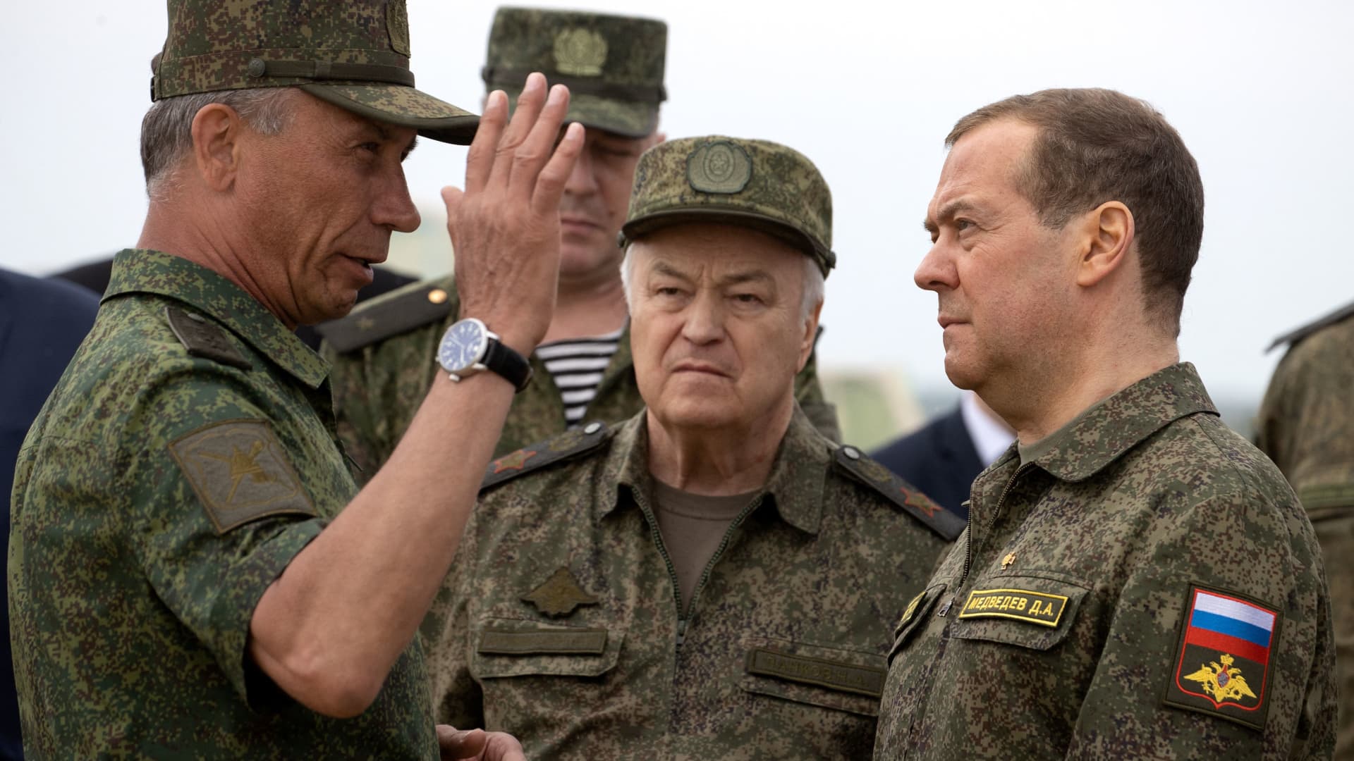 Russia's former leader Dmitry Medvedev, a President Putin ally who is now deputy chairman of the country's security council, visits the Prudboy range in the Volgograd region, southern Russia, on June 1, 2023.