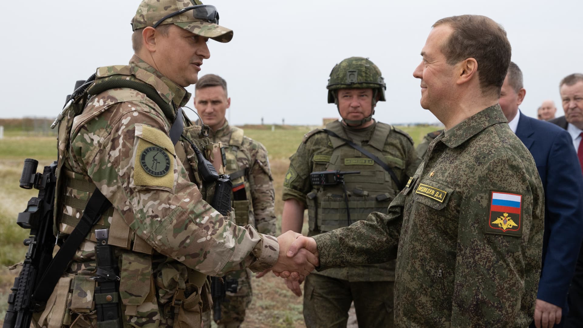 Russia's former leader Dmitry Medvedev, a President Putin ally who is now deputy chairman of the country's security council, visits the Prudboy range in the Volgograd region, southern Russia, on June 1, 2023. 