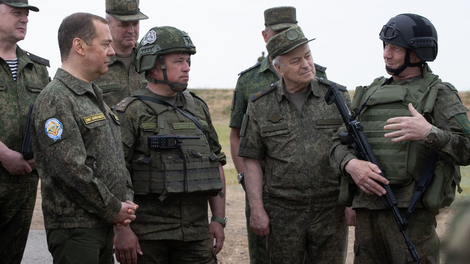 Russia's former leader Dmitry Medvedev, a President Putin ally who is now deputy chairman of the country's security council, visits the Prudboy range in the Volgograd region, southern Russia, on June 1, 2023. 